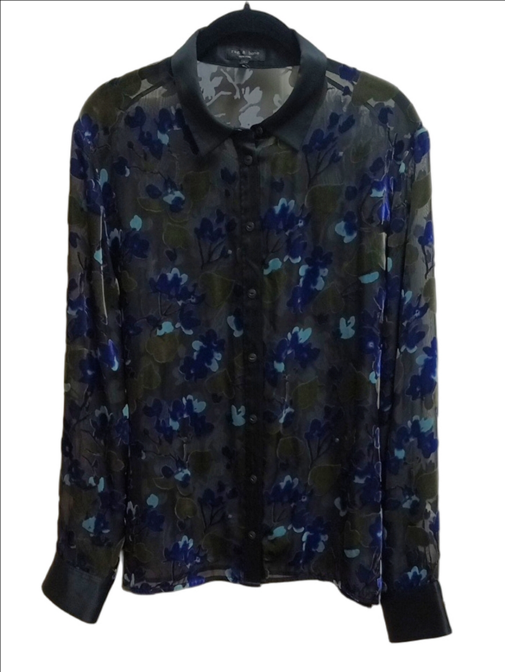 🆕💙RAG & BONE "GIGI" BLACK SILK BLEND SHEER BLOUSE BLUE FLORAL VELVET BURNOUT - Picture 3 of 13
